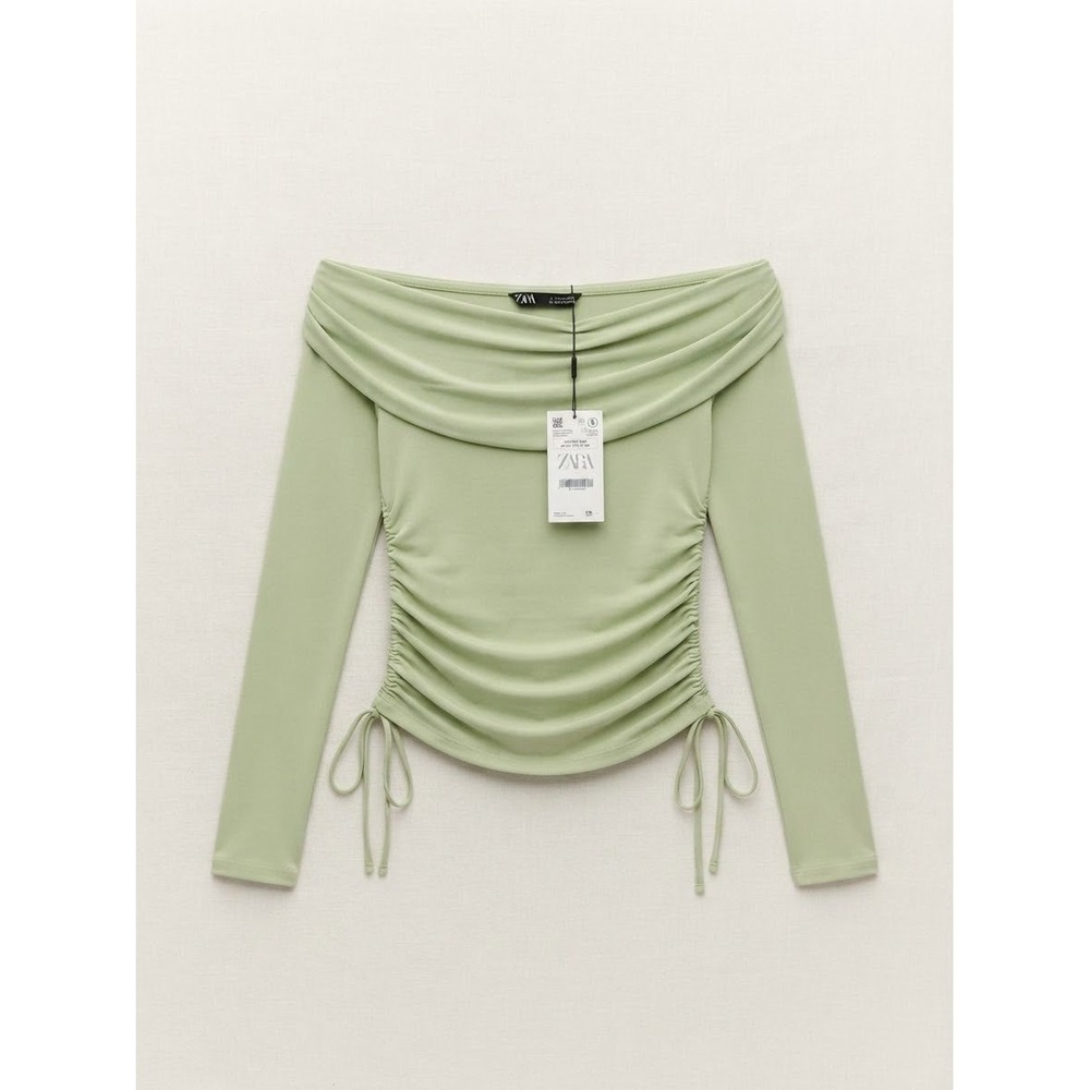Zara Women Top Large Green Off-the-Shoulder Ruched Drawstring Long Sleeve